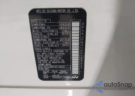 2019 Infiniti Qx50 Essential из США, поврежденный, VIN 3PCAJ5M31KF128609